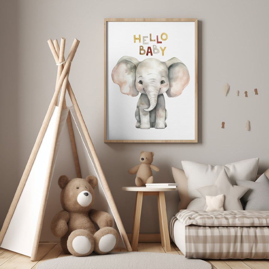 Kids Poster - Nursery Décor Prints - "Hello Baby" Elephant
