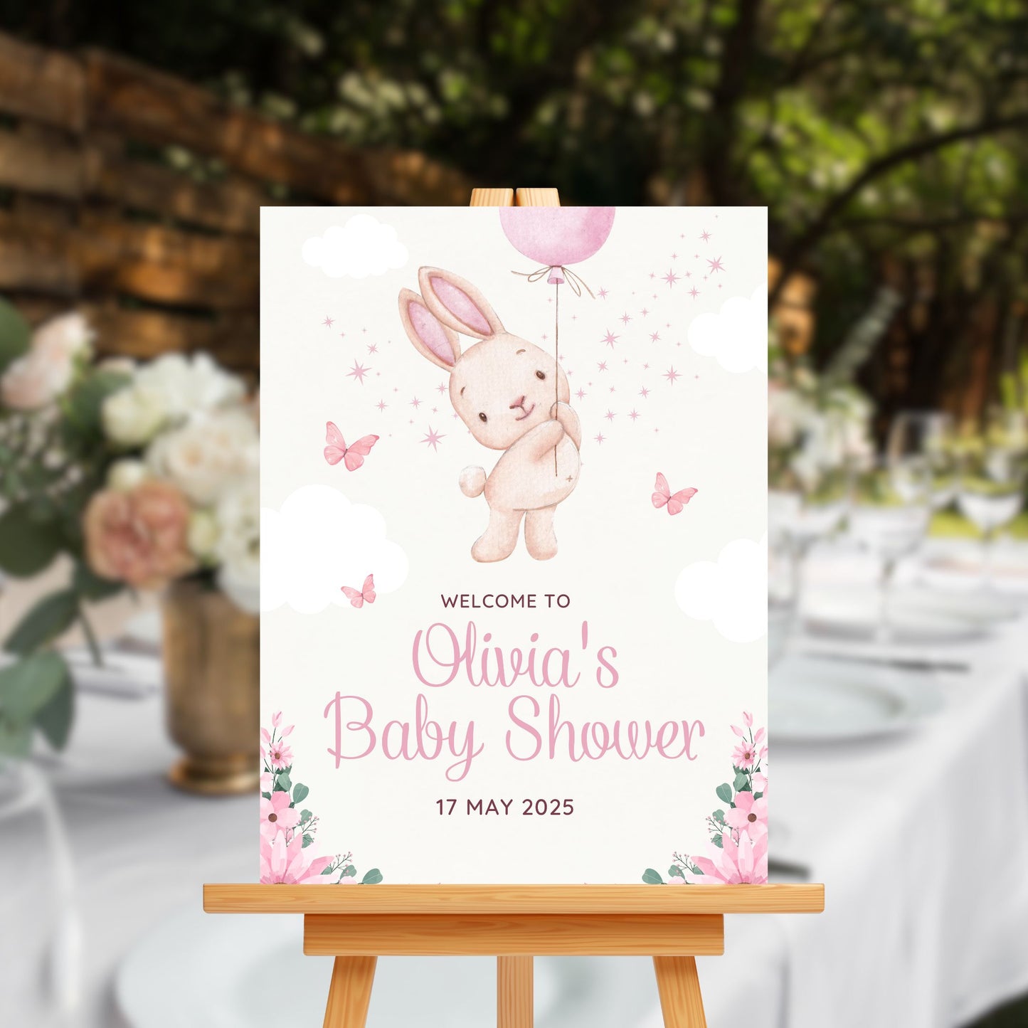 Baby Shower Welcome Sign Board - Pink Floral Bunny & Butterflies