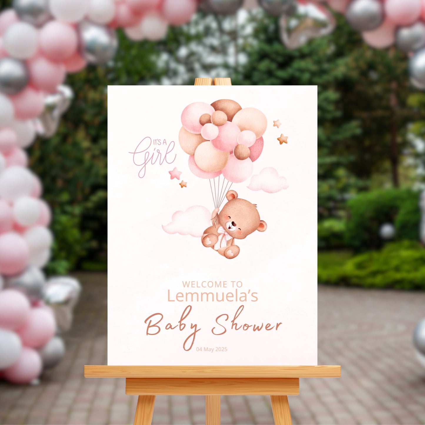 Baby Shower Welcome Sign Board - Pink "It's A Girl" Teddy & Balloons