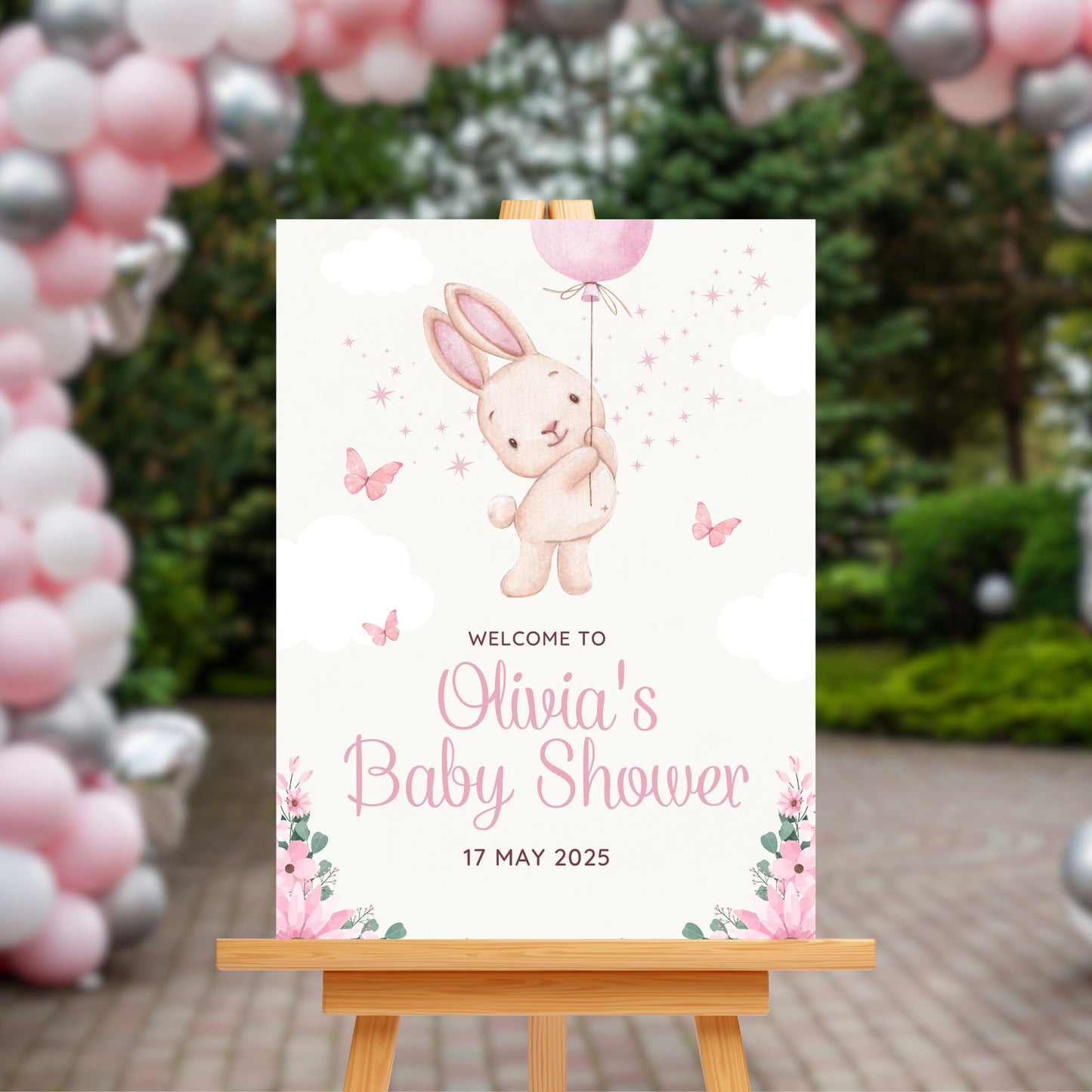 Baby Shower Welcome Sign Board - Pink Floral Bunny & Butterflies