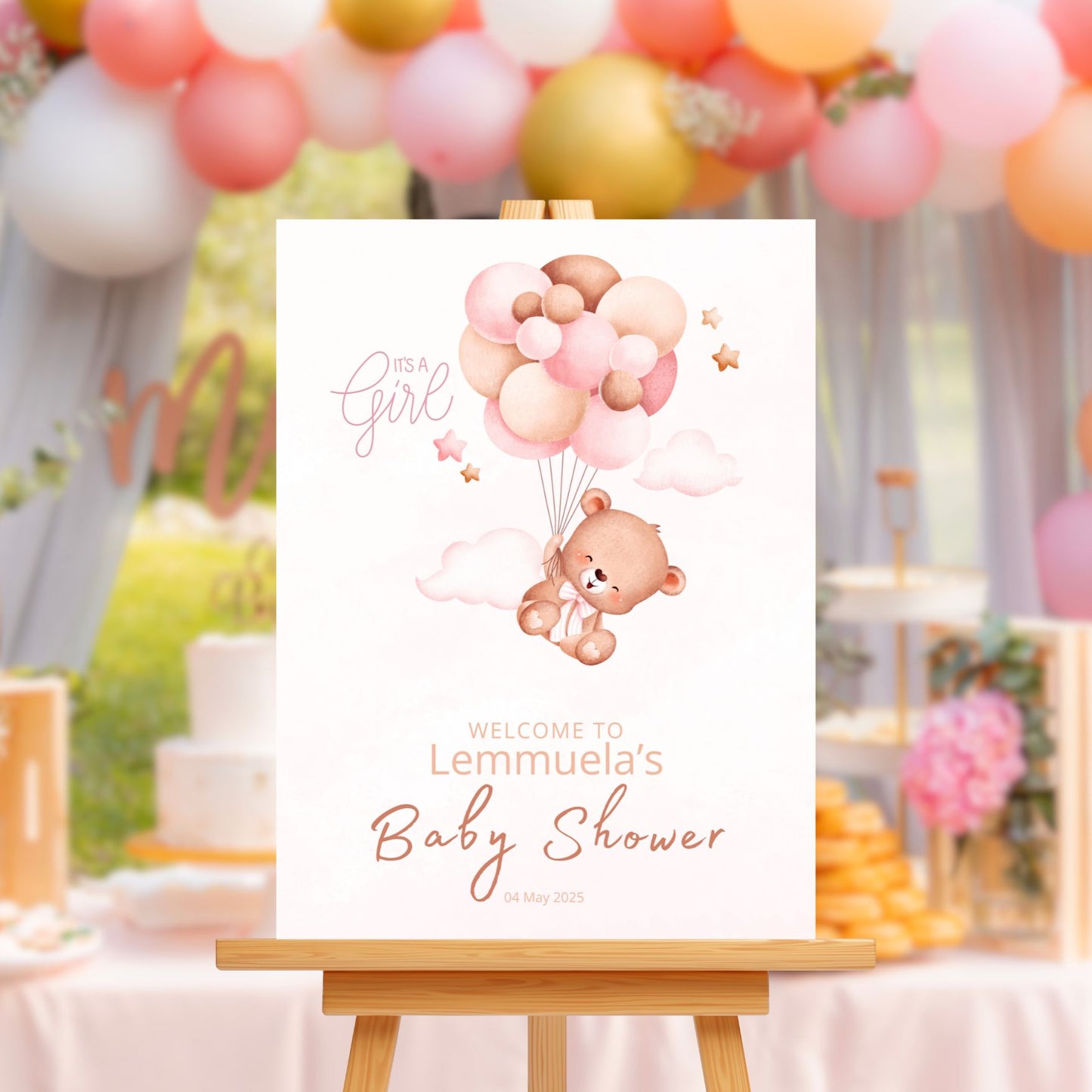Baby Shower Welcome Sign Board - Pink "It's A Girl" Teddy & Balloons