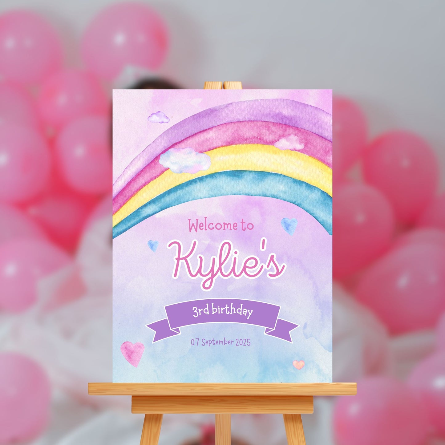 Customised Girl's Birthday Party - Pink Purple Rainbow Sign Board - Personalised Custom Decor