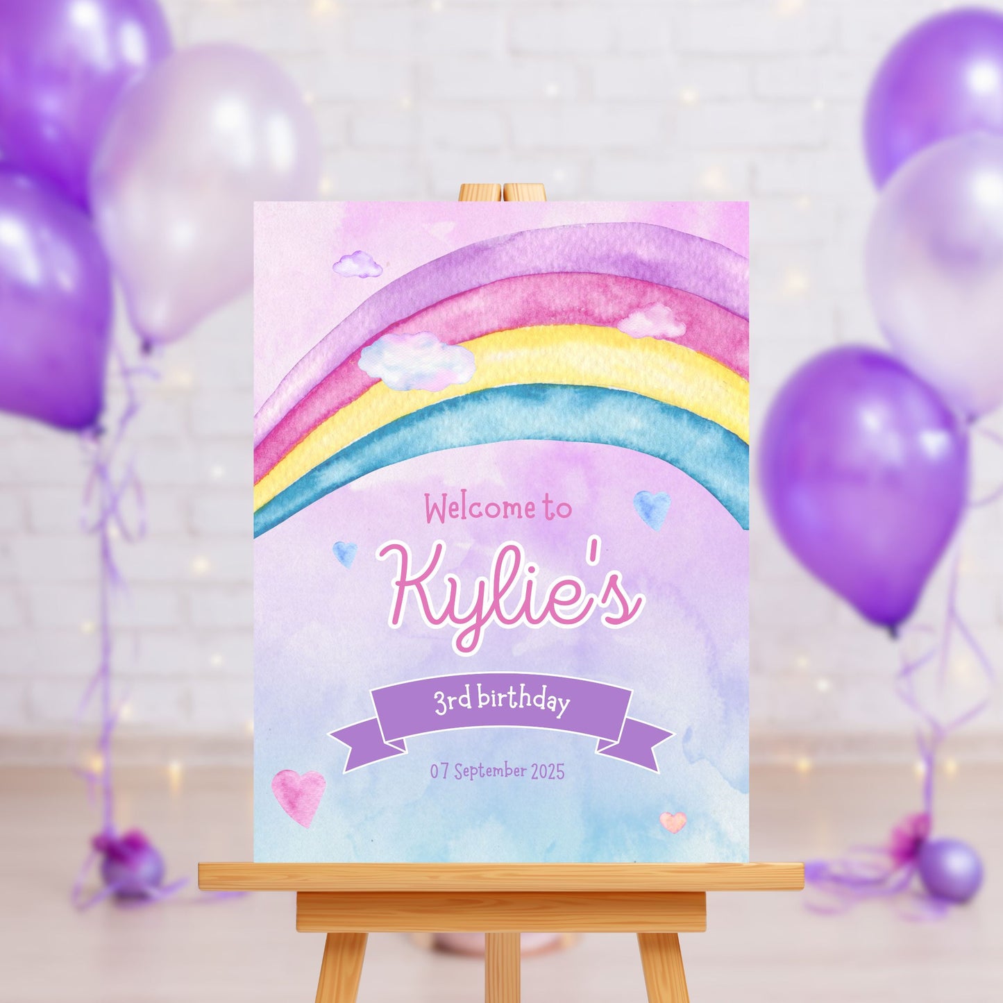 Customised Girl's Birthday Party - Pink Purple Rainbow Sign Board - Personalised Custom Decor