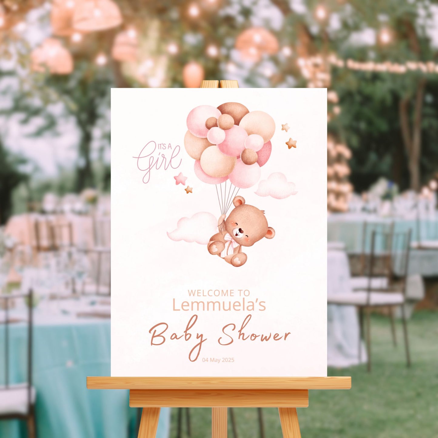 Baby Shower Welcome Sign Board - Pink "It's A Girl" Teddy & Balloons