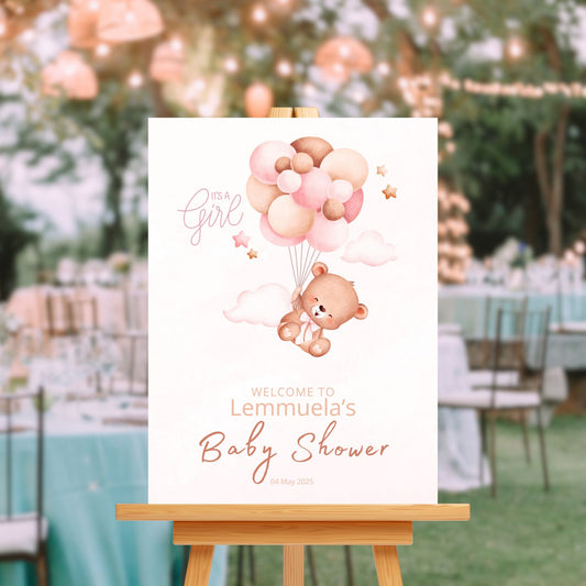 Baby Shower Welcome Sign Board - Pink "It's A Girl" Teddy & Balloons