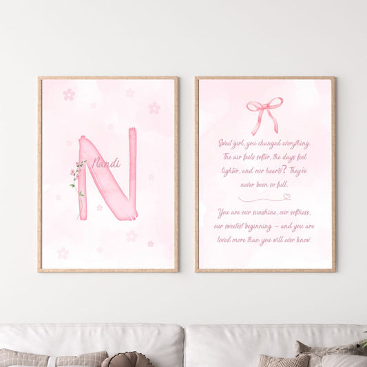 Custom Name Poster Set - Pink Floral Bow Quote
