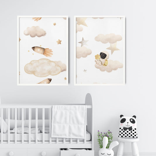 Boy's Poster Set - Nursery Décor Prints - Astronaut & Rockets In Space