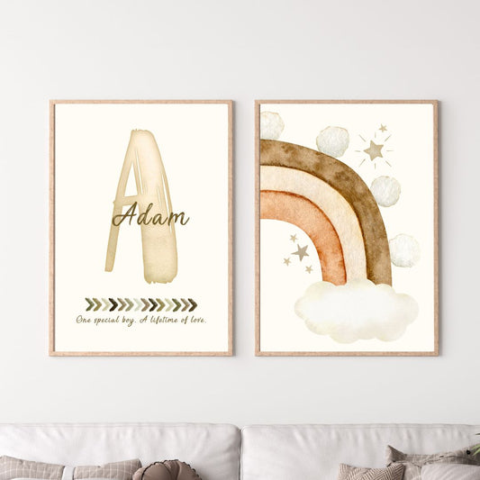 Custom Name Print Set - Beige Boho Rainbow - Kids Personalised Wall Art