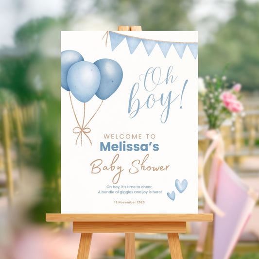Baby Shower Welcome Sign Board - Blue Balloons "Oh Boy"!