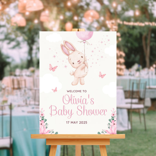 Baby Shower Welcome Sign Board - Pink Floral Bunny & Butterflies