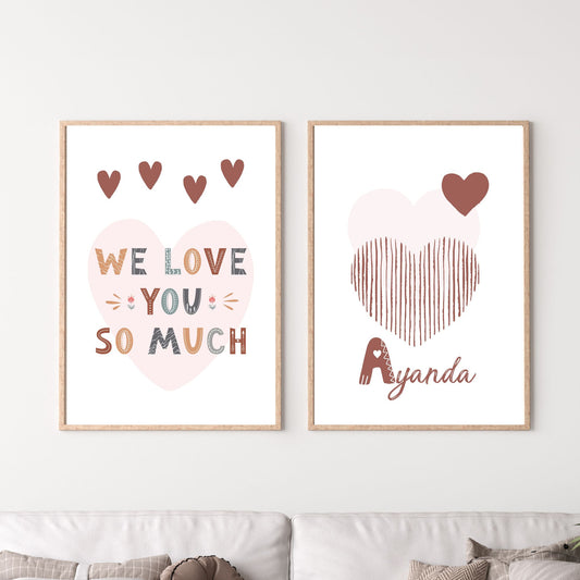 Custom Name Poster Set - Boho “We Love You” Hearts