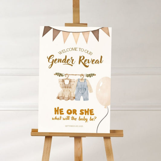 Gender Reveal Welcome Sign Board - Neutral Boho "He or She?"