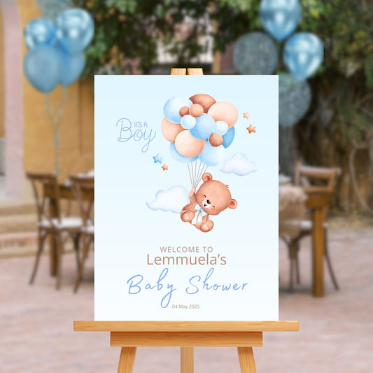 Baby Shower Welcome Sign Board - Blue "It's A Boy" Teddy & Balloons