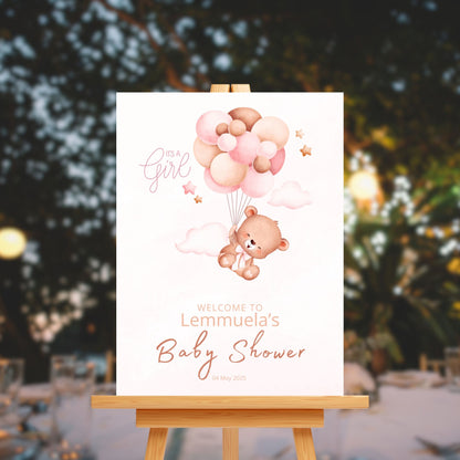 Baby Shower Welcome Sign Board - Pink "It's A Girl" Teddy & Balloons