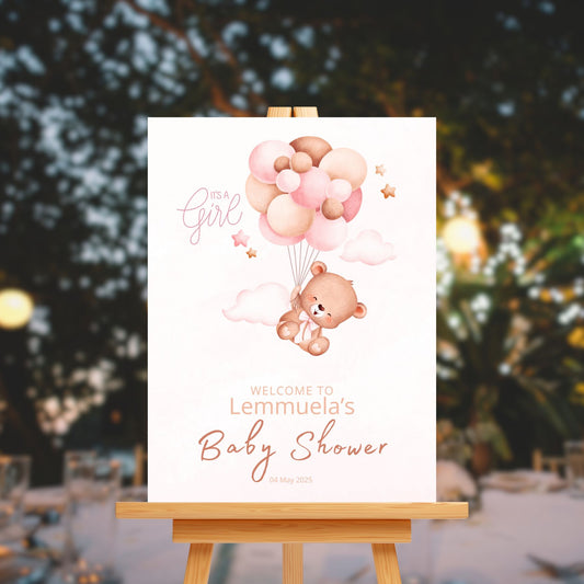 Baby Shower Welcome Sign Board - Pink "It's A Girl" Teddy & Balloons