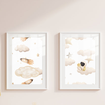 Boy's Poster Set - Nursery Décor Prints - Astronaut & Rockets In Space