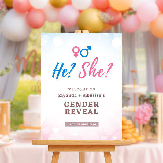 Gender Reveal Welcome Sign Board - Blue & Pink "He? She?"