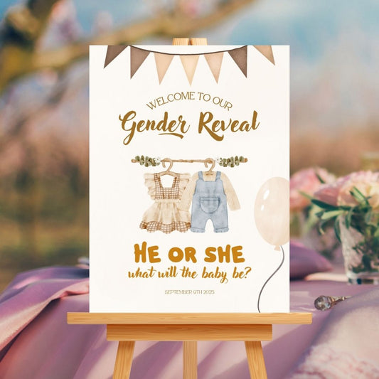 Gender Reveal Welcome Sign Board - Neutral Boho "He or She?"
