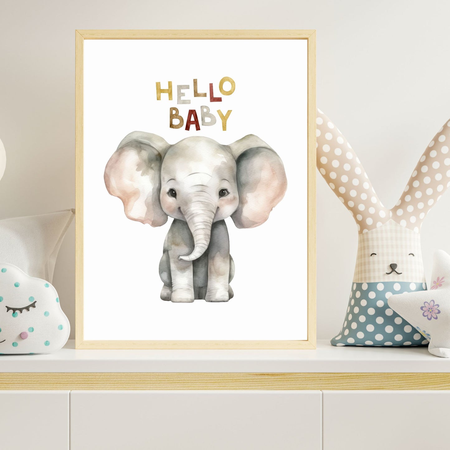 Kids Poster - Nursery Décor Prints - "Hello Baby" Elephant