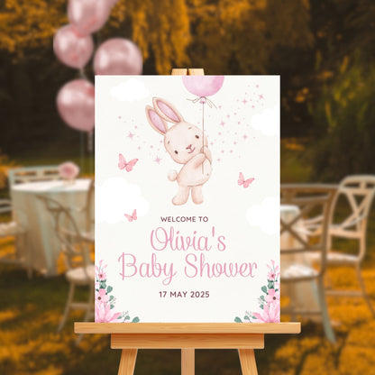 Baby Shower Welcome Sign Board - Pink Floral Bunny & Butterflies