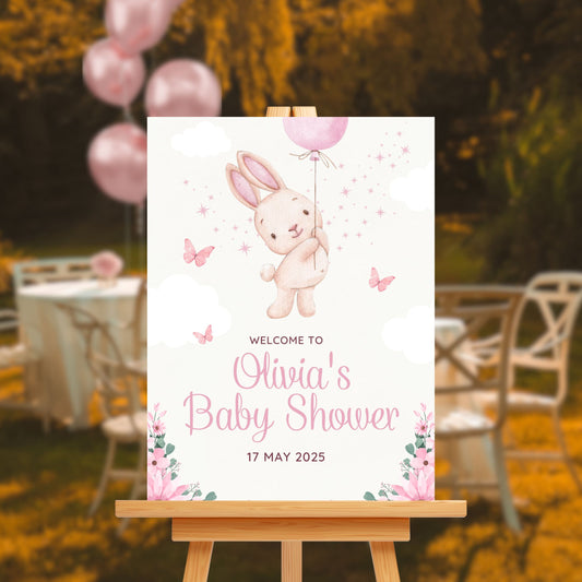 Baby Shower Welcome Sign Board - Pink Floral Bunny & Butterflies