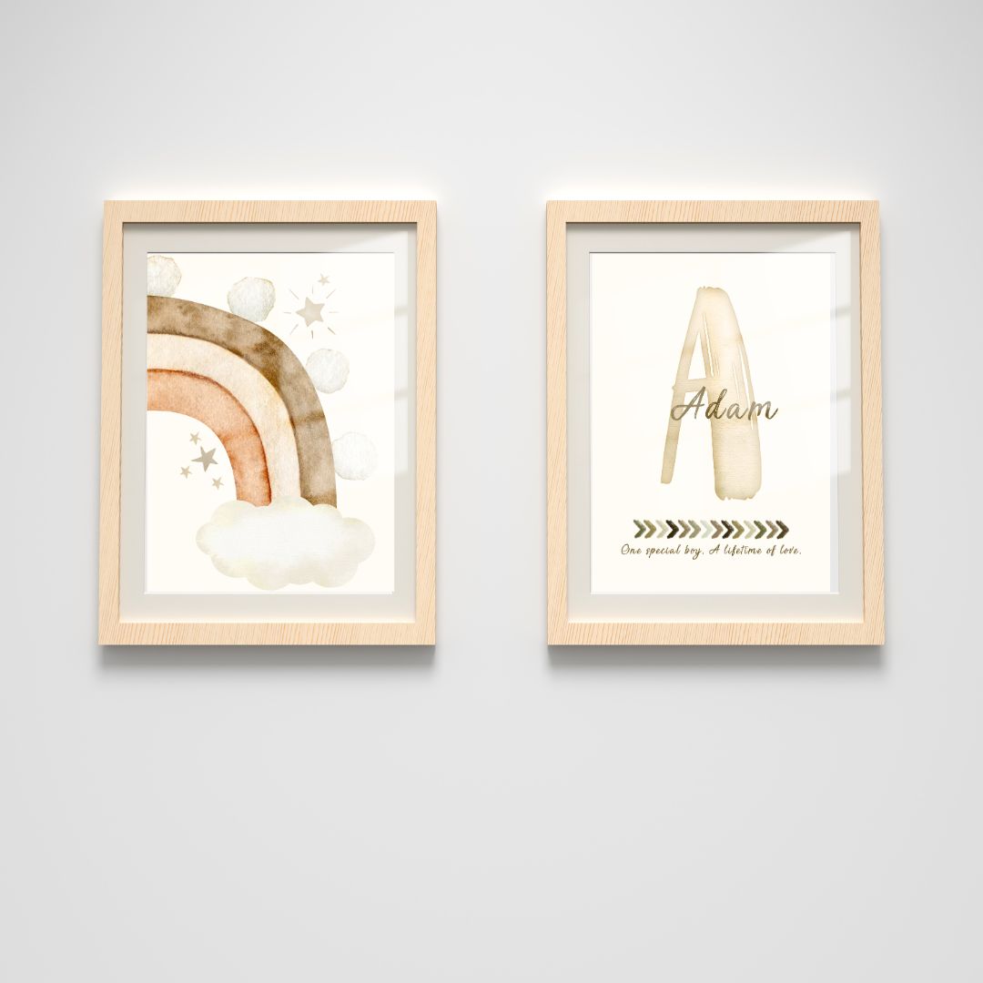 Custom Name Print Set - Beige Boho Rainbow - Kids Personalised Wall Art