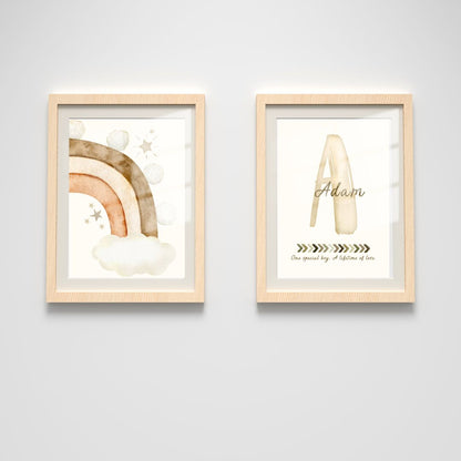 Custom Name Print Set - Beige Boho Rainbow - Kids Personalised Wall Art