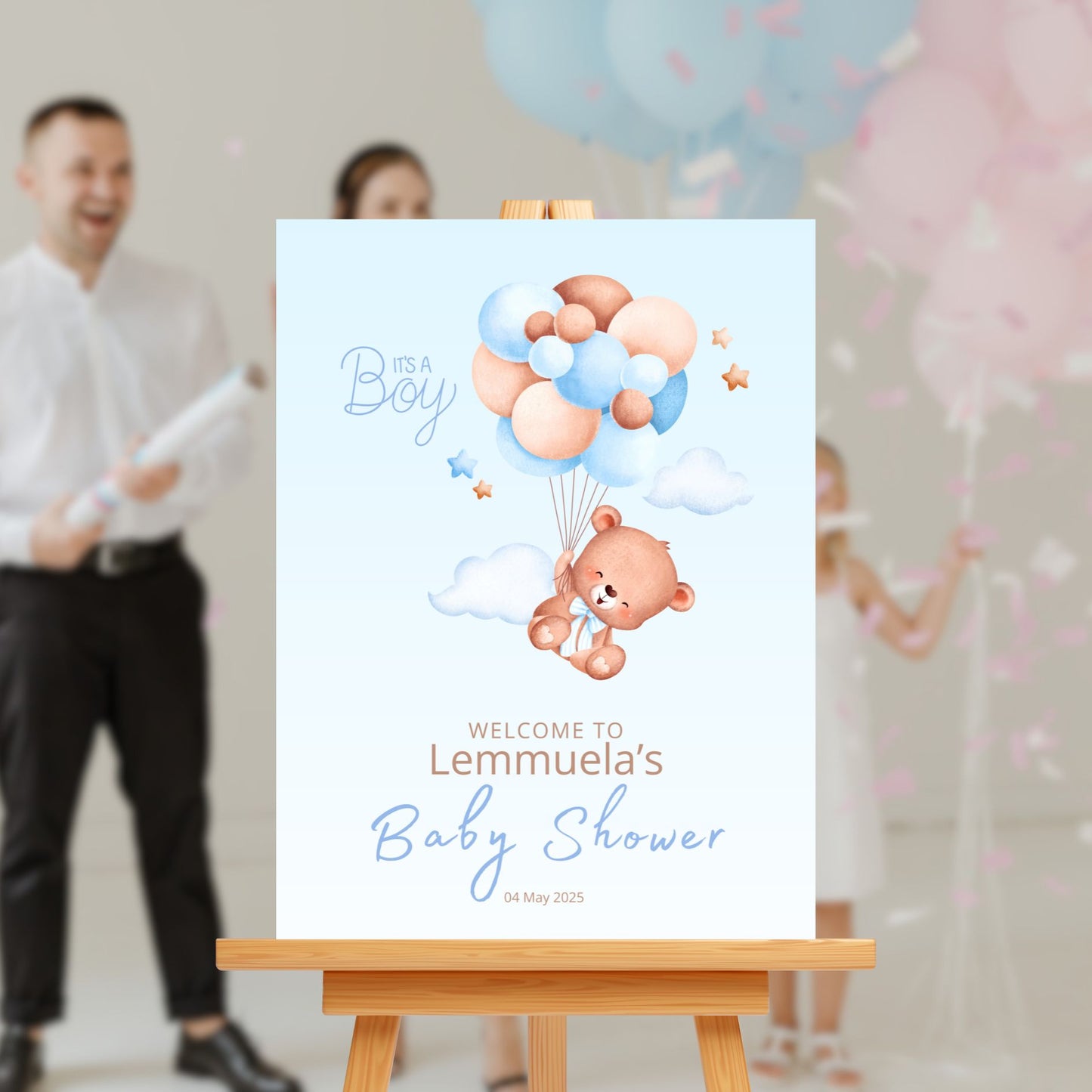 Baby Shower Welcome Sign Board - Blue "It's A Boy" Teddy & Balloons