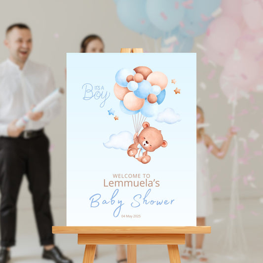Baby Shower Welcome Sign Board - Blue "It's A Boy" Teddy & Balloons