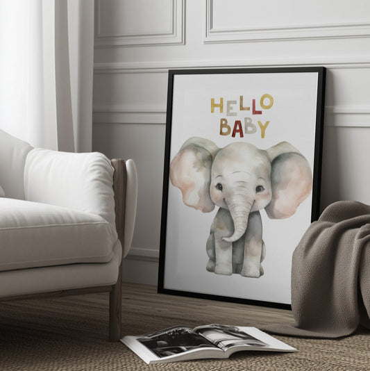 Kids Poster - Nursery Décor Prints - "Hello Baby" Elephant