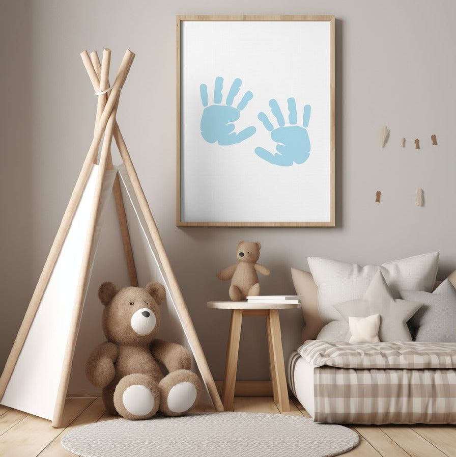 Boy's Poster Set - Nursery Décor Prints - Blue Handprints & Footprints
