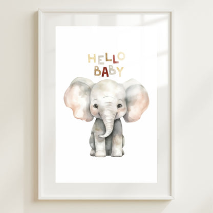 Kids Poster - Nursery Décor Prints - "Hello Baby" Elephant