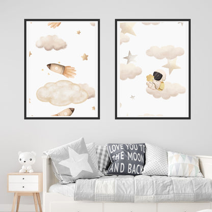 Boy's Poster Set - Nursery Décor Prints - Astronaut & Rockets In Space
