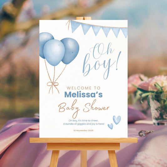 Baby Shower Welcome Sign Board - Blue Balloons "Oh Boy"!