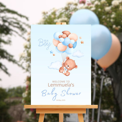 Baby Shower Welcome Sign Board - Blue "It's A Boy" Teddy & Balloons