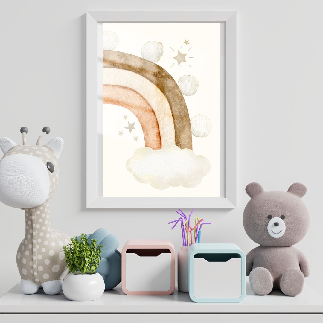 Custom Name Print Set - Beige Boho Rainbow - Kids Personalised Wall Art Decor