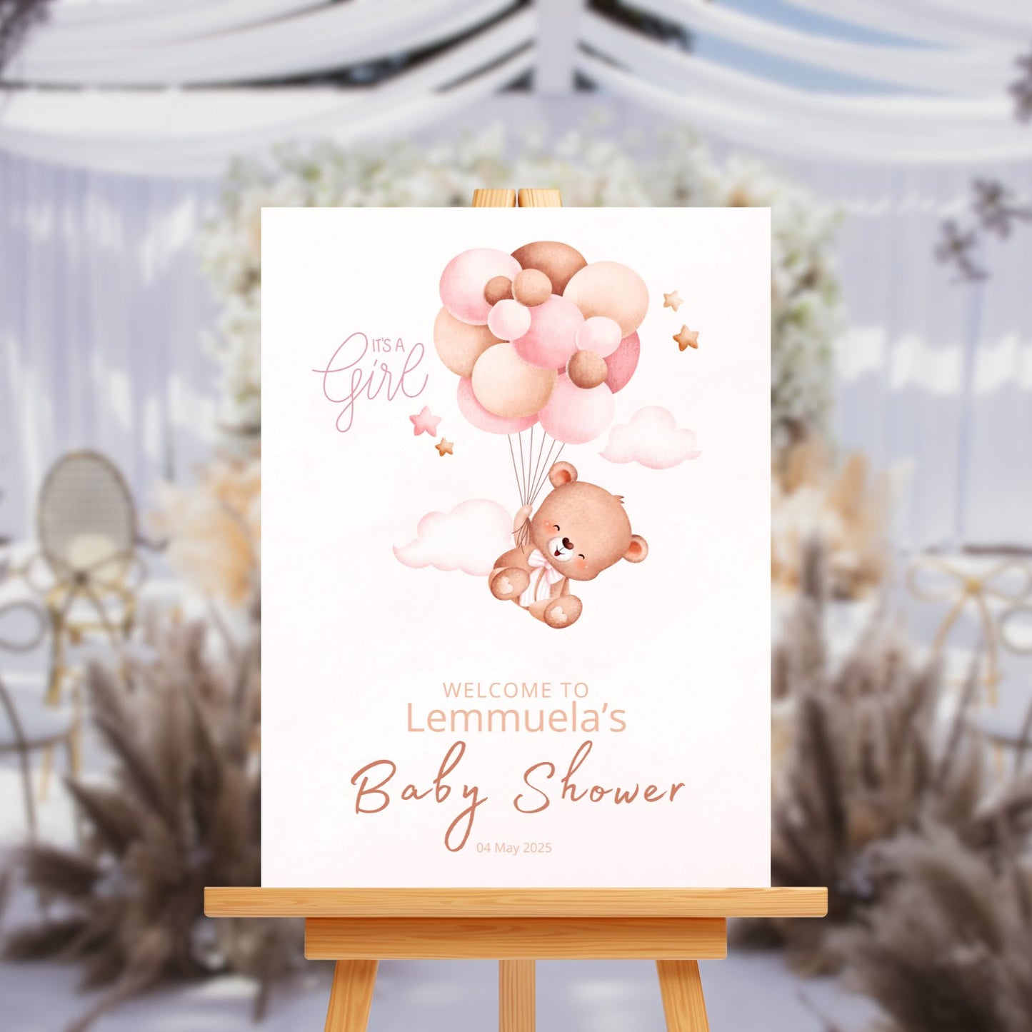Baby Shower Welcome Sign Board - Pink "It's A Girl" Teddy & Balloons