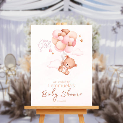 Baby Shower Welcome Sign Board - Pink "It's A Girl" Teddy & Balloons