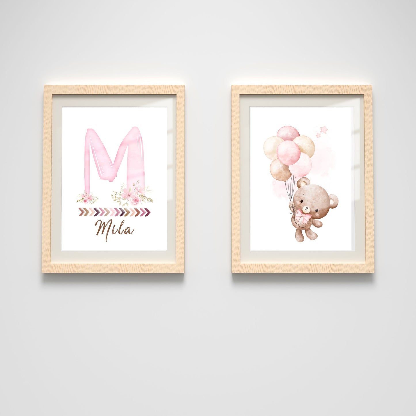 Custom Name Poster Set - Pink Balloons Teddy