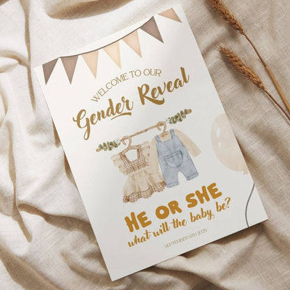 Gender Reveal Welcome Sign Board - Neutral Boho "He or She?"