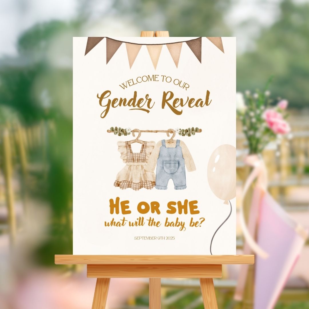 Gender Reveal Welcome Sign Board - Neutral Boho "He or She?"