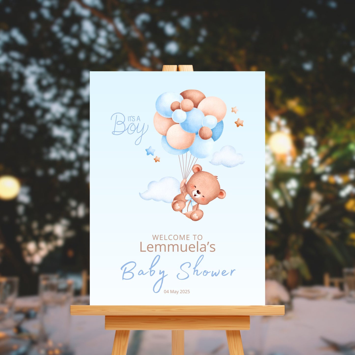 Baby Shower Welcome Sign Board - Blue "It's A Boy" Teddy & Balloons