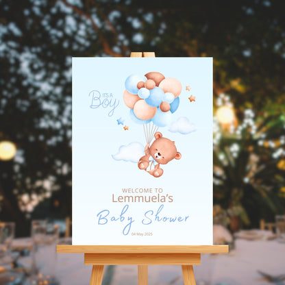 Baby Shower Welcome Sign Board - Blue "It's A Boy" Teddy & Balloons