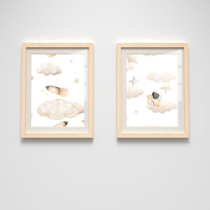 Boy's Poster Set - Nursery Décor Prints - Astronaut & Rockets In Space