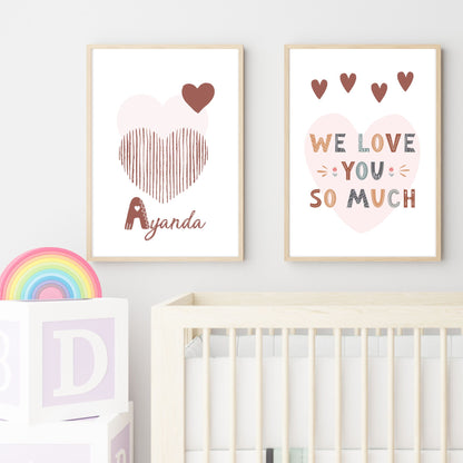 Custom Name Poster Set - Boho “We Love You” Hearts
