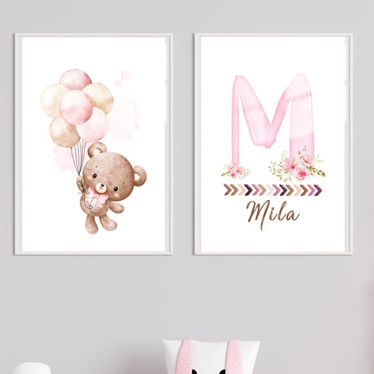 Custom Name Poster Set - Pink Balloons Teddy