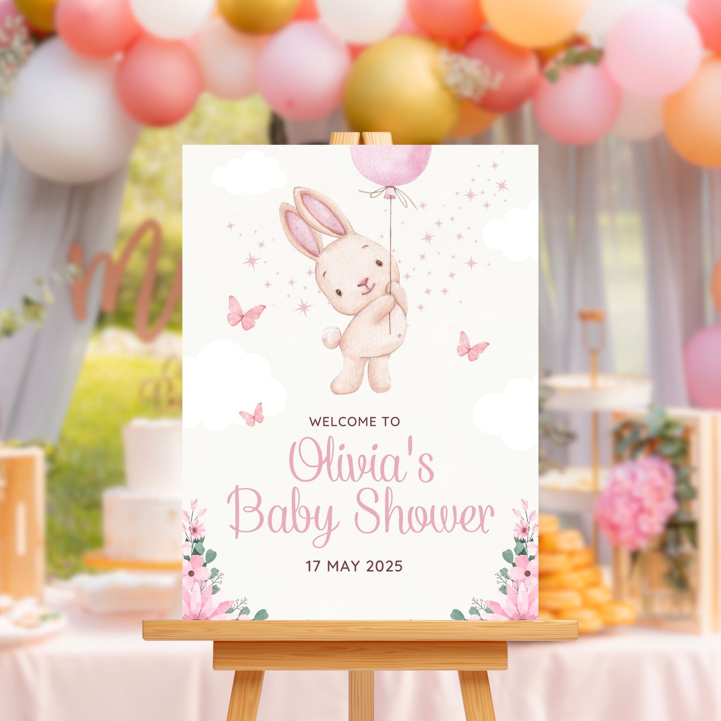 Baby Shower Welcome Sign Board - Pink Floral Bunny & Butterflies