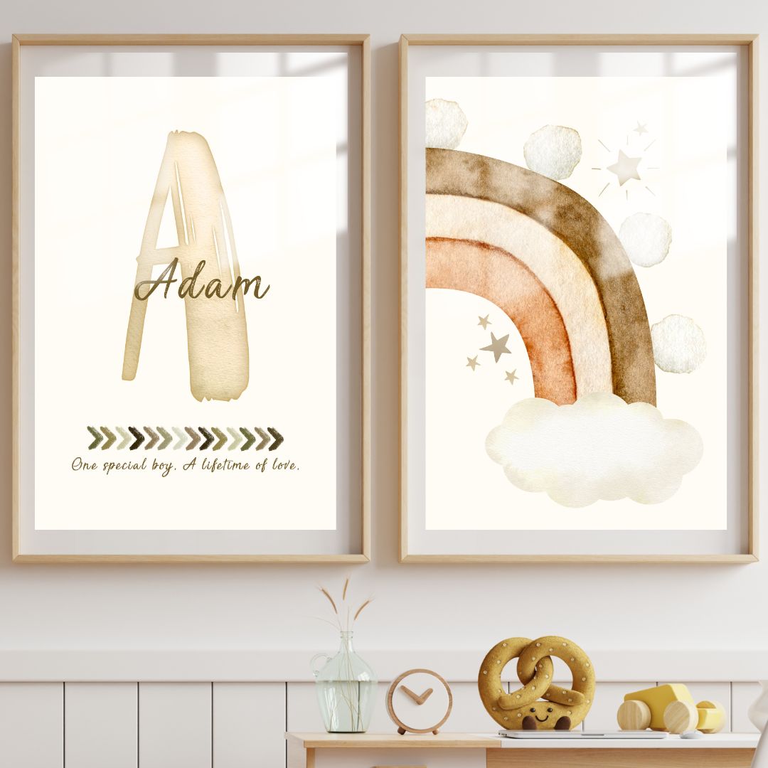 Custom Name Print Set - Beige Boho Rainbow - Kids Personalised Wall Art Decor