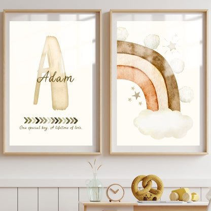 Custom Name Print Set - Beige Boho Rainbow - Kids Personalised Wall Art Decor