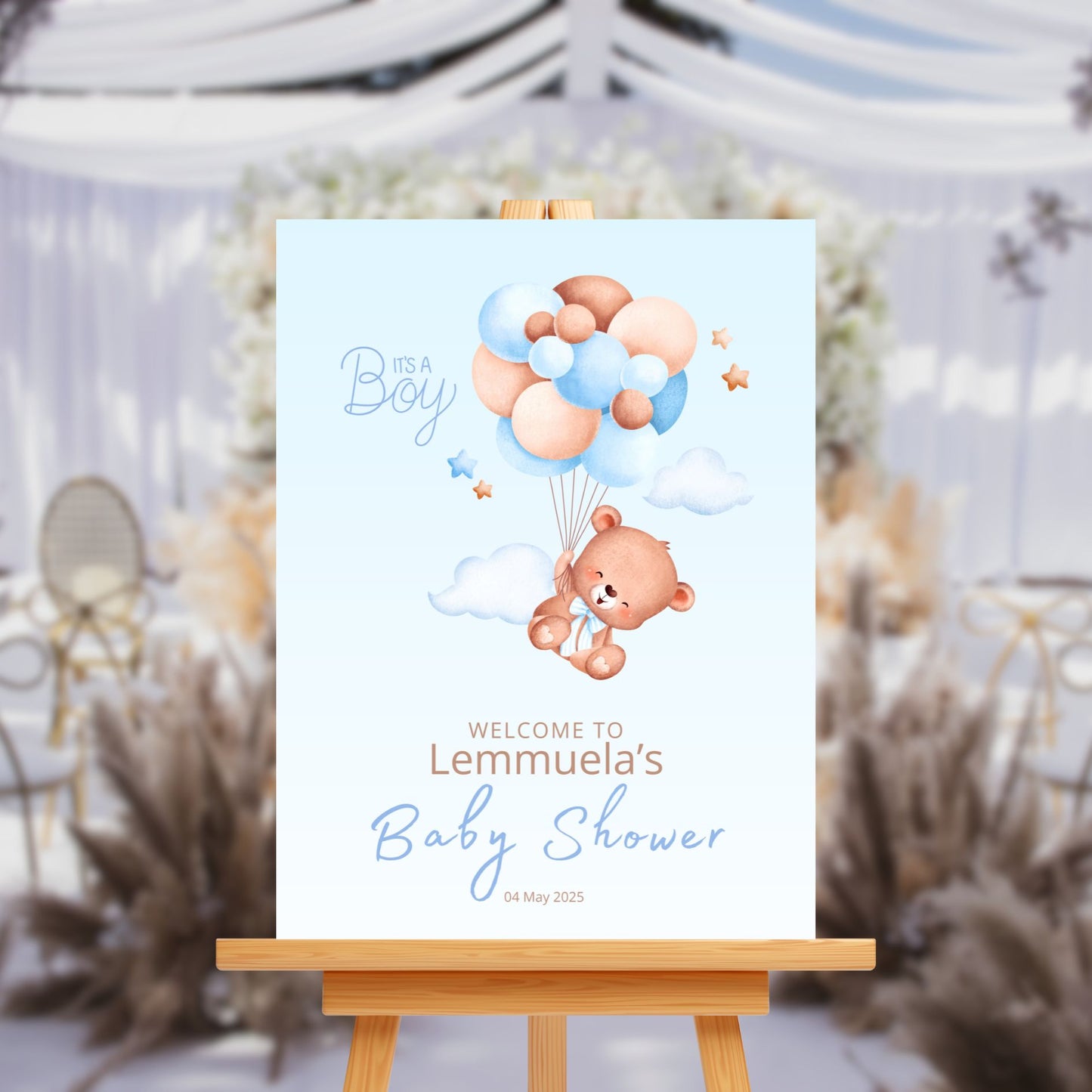 Baby Shower Welcome Sign Board - Blue "It's A Boy" Teddy & Balloons